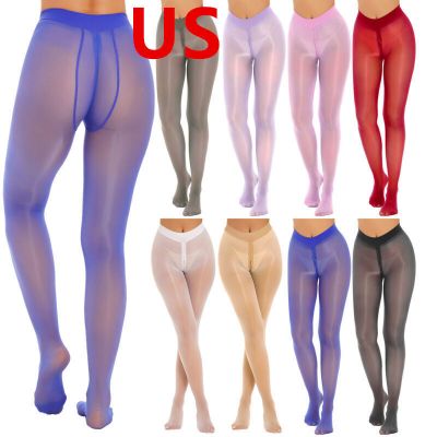 US Womens Pantyhose Solid Color See-through Zipper Crotch Tights Footed Ice Silk