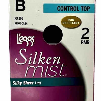 Silken Mist Sun Beige Silky Sheer Control Top Pantyhose 2 Pair Pack Sz B