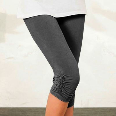 Women's Plain Pleated Design Elastic Cropped Leggings Bodybuilding Pants