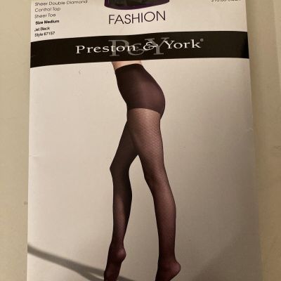 PRESTON & YORK PANTYHOSE SHEER DOUBLE DIAMOND CONTROL TOP MEDIUM JET BLACK 229