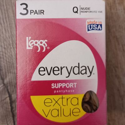 Leggs L'eggs Everyday Support Pantyhose Reinforced Toe Nude Size Q 3 Pair