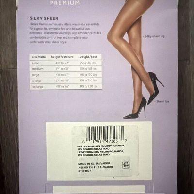 Hanes Silky Sheer Tummy Control Lighter Coverage Sheer Toe Nude Pantyhose XL NEW