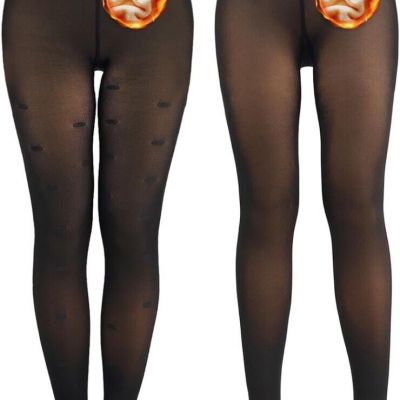 2 Pack Fleece Lined Tights Translucent Look Solid Black & Cat Pattern Sz Med New