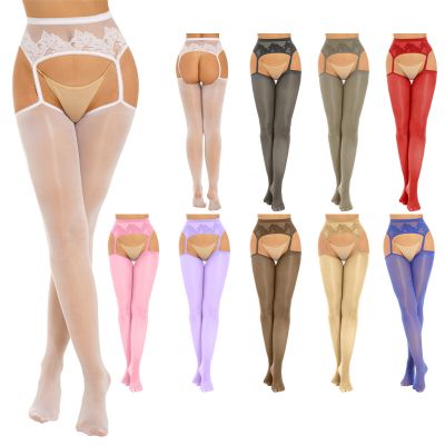 US Womens Stockings Floral Lace Crotch-less Shiny Glossy Pantyhose Footed Tights