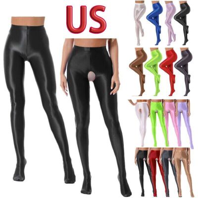 US Womens Oil Shiny Glossy Crotchless Tights High Stretch Tights Dance Pantyhose