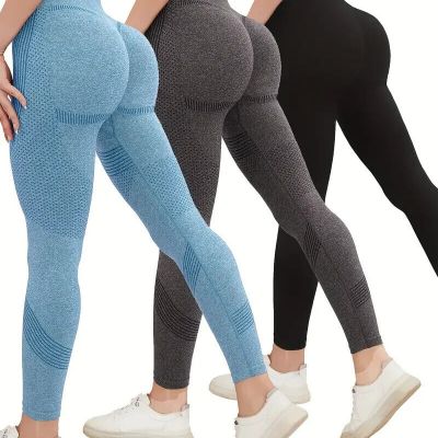 3pcs Breathable High Waist Butt Lifting Fitness Leggings, Tummy Control Running