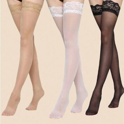 Lucky Socks 3pair lace top sheer mesh thigh highs tan/black/white nip