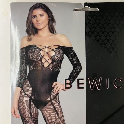 Be Wicked Lace Bodystocking Off the Shoulder Plunge Faux Garter Teddy 1890
