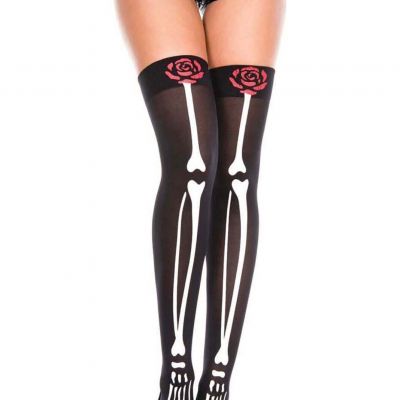 Black Skeleton Print Red Rose Thigh High Stockings Ravewear Pride Festival