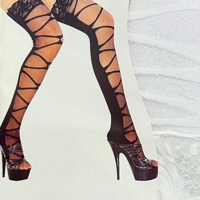 sexy MUSIC LEGS opaque BACK sheer FRONT strappy LACE top THIGH highs STOCKINGS