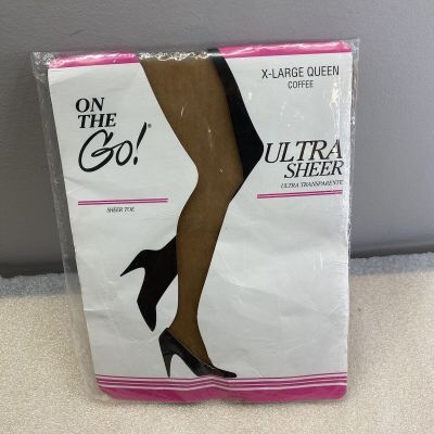 On The Go! Ultra Sheer Pantyhose COFFEE Vintage Ultra Sheer Toe-Size XL QUEEN