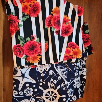 Lularoe TC2 Plus Size Leggings, 2 Pair, Stripes Flowers Ocean, Flower Pr is NWOT