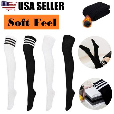 Thigh High Stocking Women Striped & Solid Knit Cotton Over Knee Long Sock USA