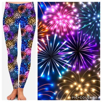Neow Glowing Bright Fireworks Print Blue Sky Leggings w/ Pockets Adult & Kids