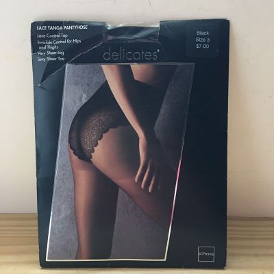 Delicates Black Nylon Lace Tanga Pantyhose Very Sex Sheer Control Top Sz 3 USA