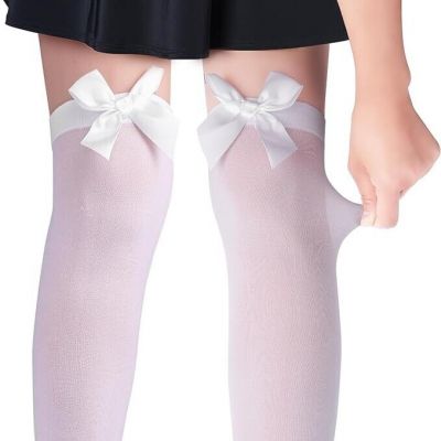 2 Pair Black White Cute Satin Over Knee Socks Thigh-High Stockings w/ Bows