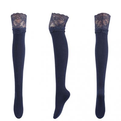 Women Cotton Knee-length Stockings Solid Color Lace Non-slip Hgh Thigh Stockings