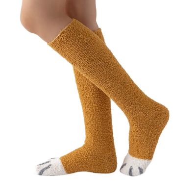 Winter Coral Velvet  Girls Stocking Knee High Socks Cat Stripe Pattern