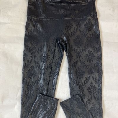 SPANX Faux Leather Shiny LEGGINGS-#20261R-Black Brocade-Size XL-Rare Pattern