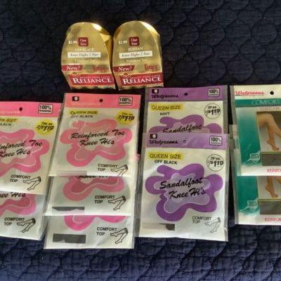 13 PAIRS VINTAGE KNEE HIGH STOCKINGS REINFORCED TOE QUEEN & ONE SIZE BLACK NAVY+