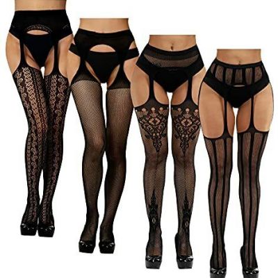 4 Pairs Fishnet Stockings Sexy Thigh High Stockings for Women(Black,one size)