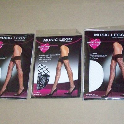 MUSIC LEGS Nylon Spandex Mini Diamond Net Thigh Hi Lace Top Stockings office Set