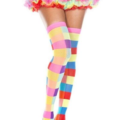 Neon Rainbow Checkered Thigh High Sock Stockings
