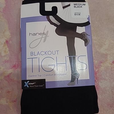 NWT Hanes Size Medium Black Blackout Tights Control Top Comfort Waistband