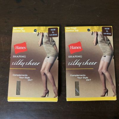 2 Hanes Shaping Silky Sheer Mid Tight Control Top Pantyhose XL Sun Beige Color