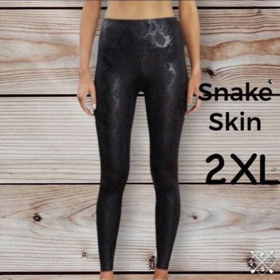 New Plus Size 2XL Black Shiny Snakeskin Print Tummy Control Leggings