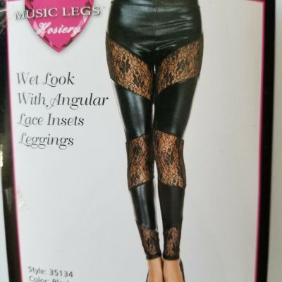 Angular Lace Inset Wet Look Leggings - Music Legs 35134
