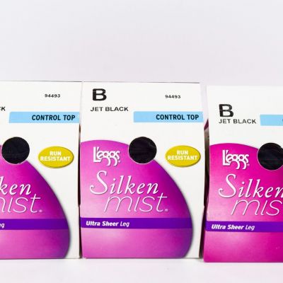 3 L'eggs Silken Mist Control Top Ultra Sheer Run Resistant Tights JET BLACK Sz B