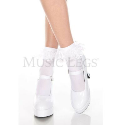 Women / Girls White Stocking Ankle Hi With Ruffle Lace Trim Hosiery