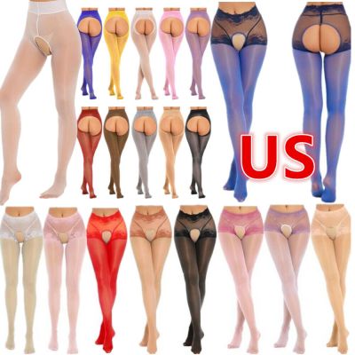US Womens High Waist Stockings Crotchless Tights Transparent Silky Top Pantyhose
