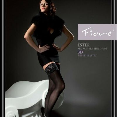 FIORE ESTER PATTERNED TOP HOLD UP STOCKINGS 3 SIZE FINE EUROPEAN 40 DEN BLACK