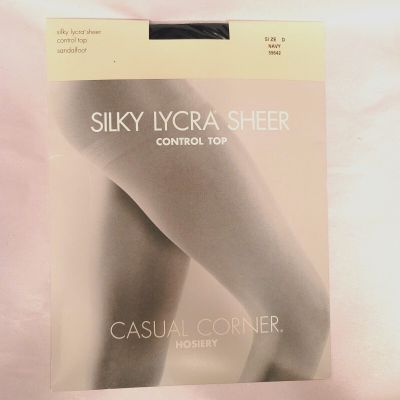 Vtg Casual Corner SILKY LYCRA SHEER Control Top Pantyhose NAVY Size D Sandalfoot