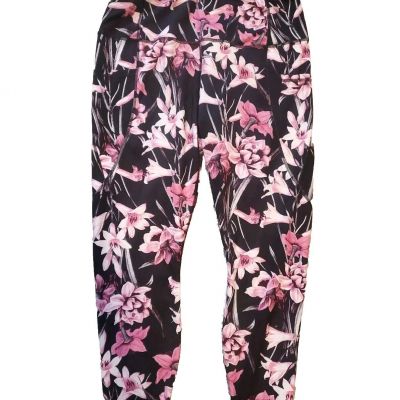 Yogalicious Leggings Workout Pants Black Pink Floral Ankle Pockets Women's XL