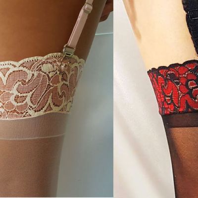 Lace TOP STOCKINGS Thigh High CROSS-DYE White/Pink & Black/Red Shirley Hollywood