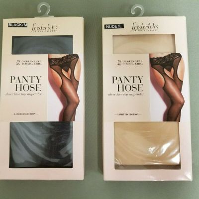 new Fredericks of hollywood sheer lace top suspender pantyhose.  2 colors