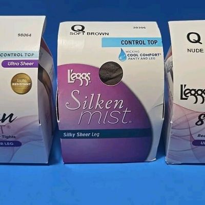 3 L'eggs Silken Mist Ultra Sheer Leg Run ResistantNUDE-BROWN-COFFEE,Size Q+Free?