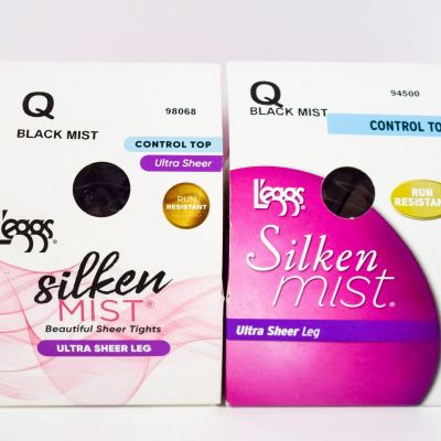 2 L'eggs Silken Mist Pantyhose Ultra Sheer Leg & Control Top BLACK MIST Size Q