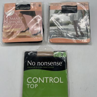 Lot of 3 No Nonsense 1 Pair Pack Control Top Nude Reinforced Toe Pantyhose SZ B