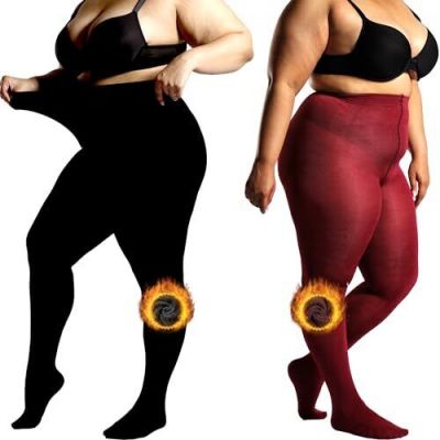 2 Pairs Queens Plus Size Fleece Lined Tights for 4X-6X Black & Burgundy Red