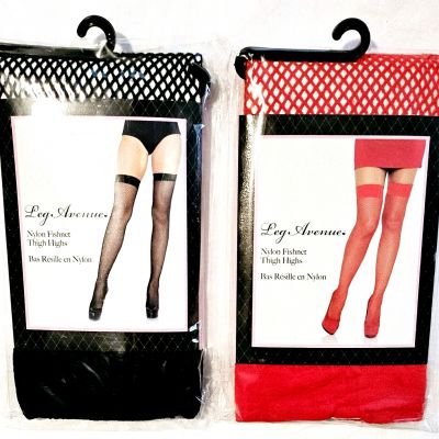 2 Pair of Leg Avenue Fishnet Thigh Hi Stockings Red - Black - One Size Fits Most