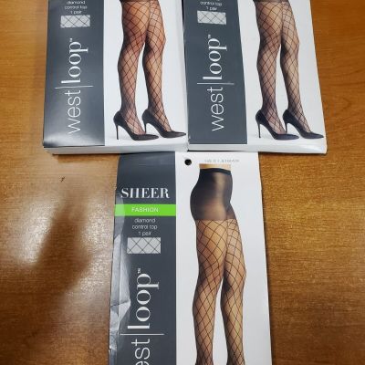 3 Pairs: Sheer Diamond Fishnet Pantyhose Control Top Jet Black *Size D* (AE1875)