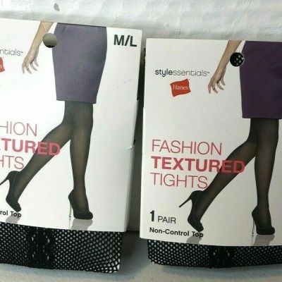 2x Hanes Stylessentials Non-Control Top Fashion Textured Tights Black Size M/L