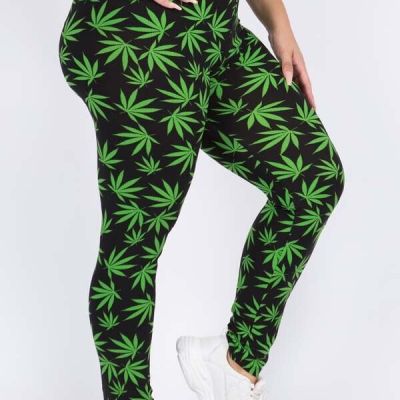 Women’s High Waisted Green Leaf Leggings, Marijuana Print, + Size Option