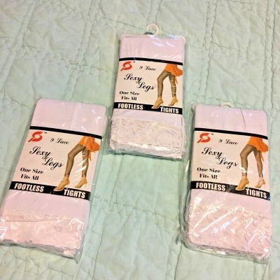 3 NEW PAIR SEXY LEGS LACE CUFF WHITE FOOTLESS TIGHTS FITS 4’10”-5’9” 100-165 LBS