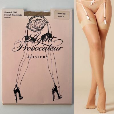 Agent Provocateur Seam & Heel Champagne Nude Tan Thigh High Stockings Sz 2 Small