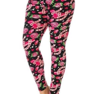 Queen Size Legging With Girl Power Logos Roses Pink Hearts
